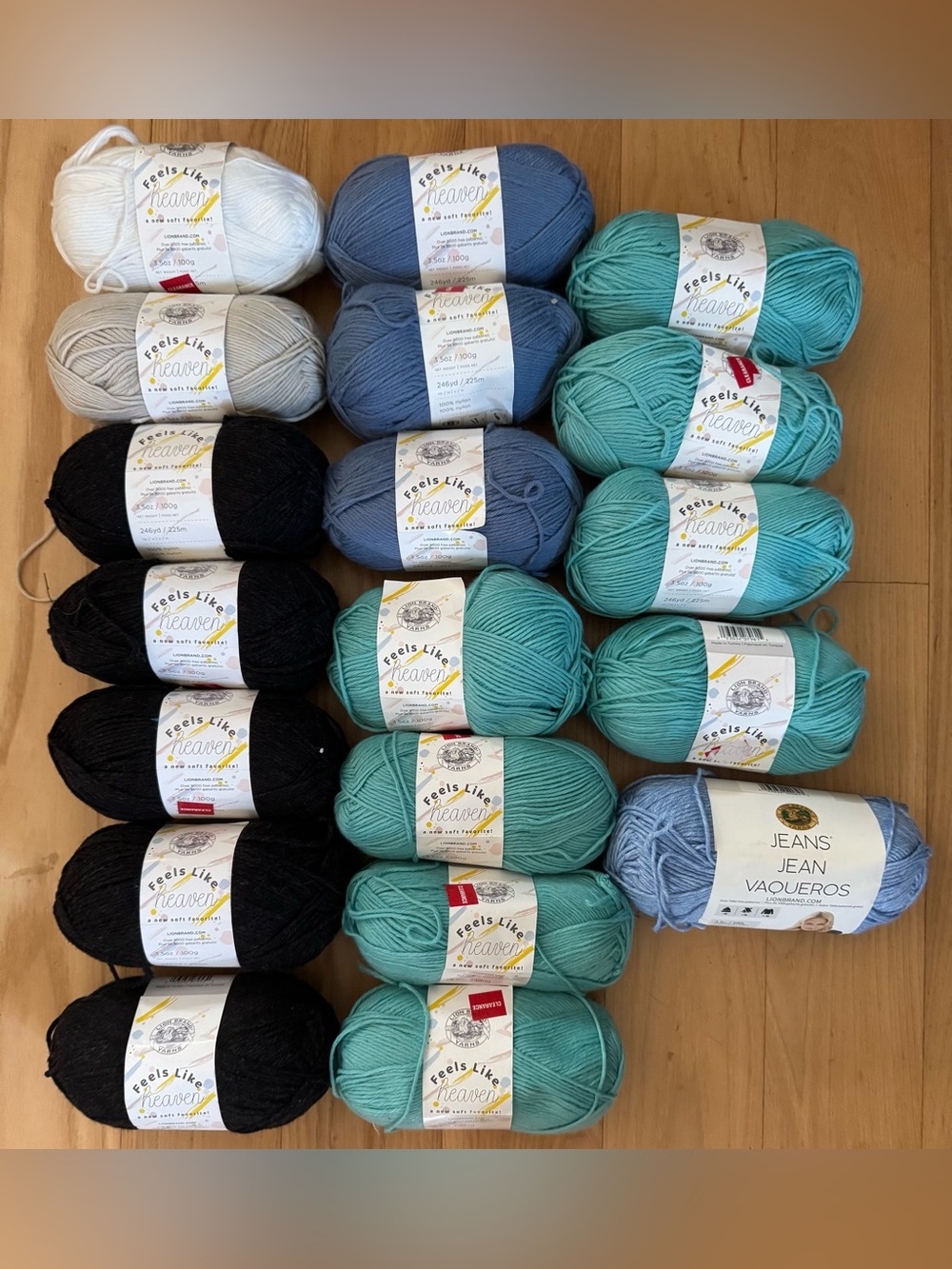 Lion Brand Feels Like Heaven Yarn Lot 19 Skeins Aqua Charcoal DK Discontinued
